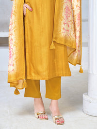 Yellow Viscose Kurta Set with Textured Weave, Paired with Solid Bottom and Printed Dupatta