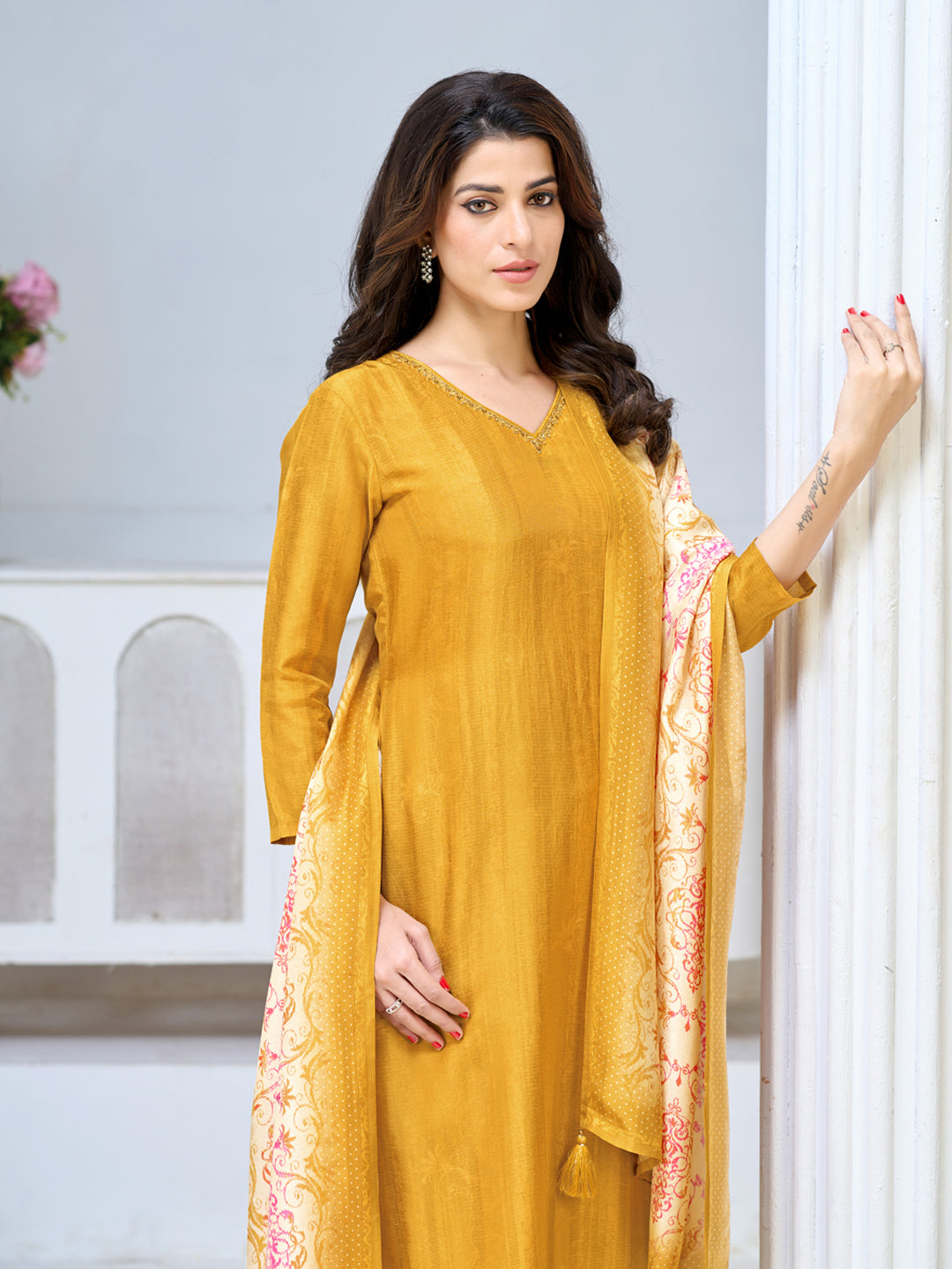 Yellow Viscose Kurta Set with Textured Weave, Paired with Solid Bottom and Printed Dupatta