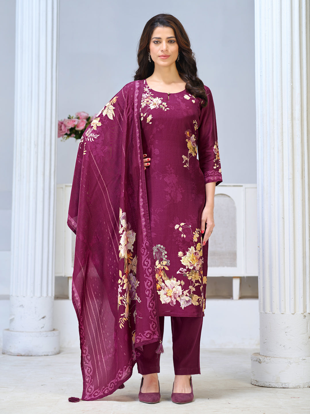 Purple Viscose Kurta Set with Digital Floral Print, Paired with Solid Bottom and Coordinated Dupatta