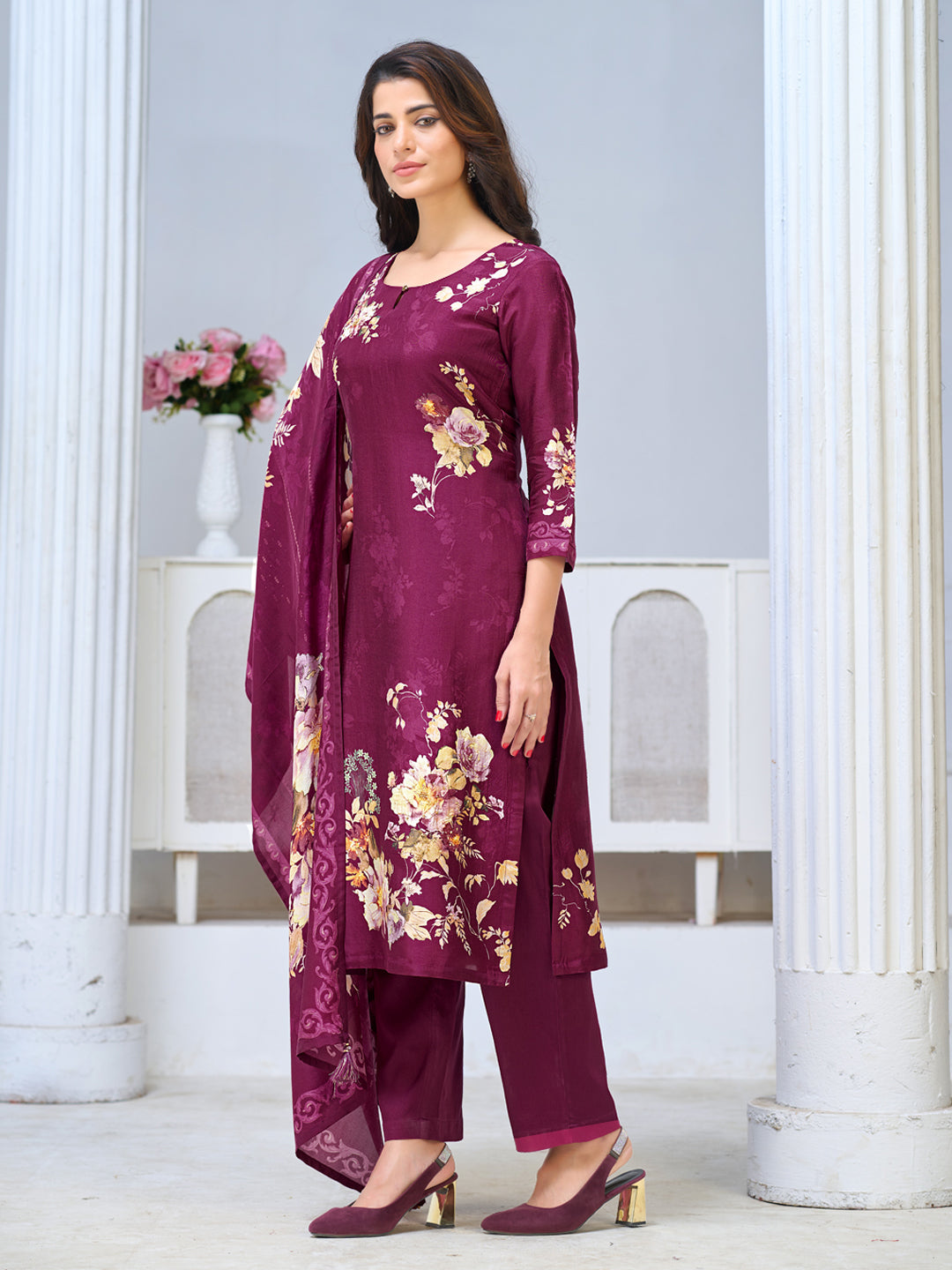Purple Viscose Kurta Set with Digital Floral Print, Paired with Solid Bottom and Coordinated Dupatta