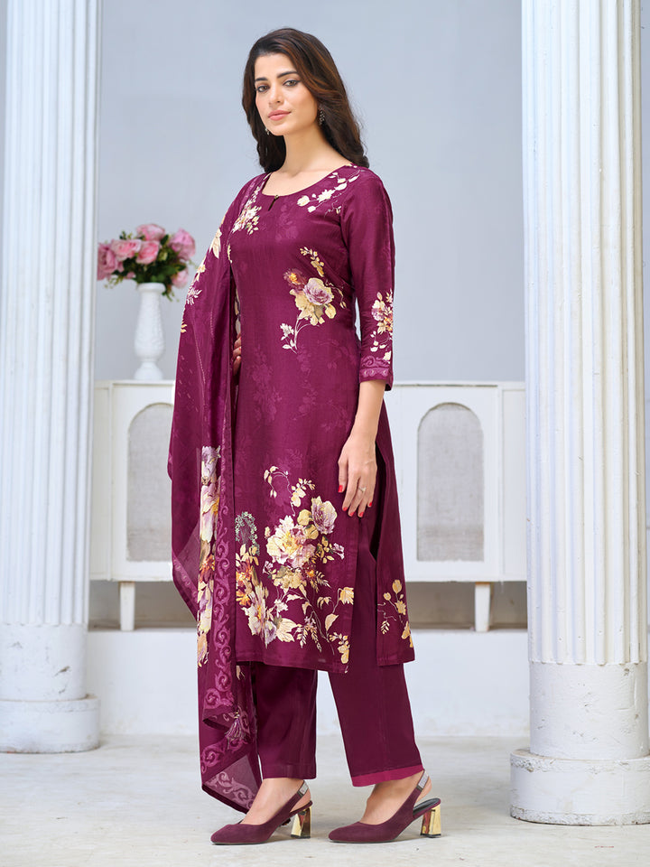 Purple Viscose Kurta Set with Digital Floral Print, Paired with Solid Bottom and Coordinated Dupatta