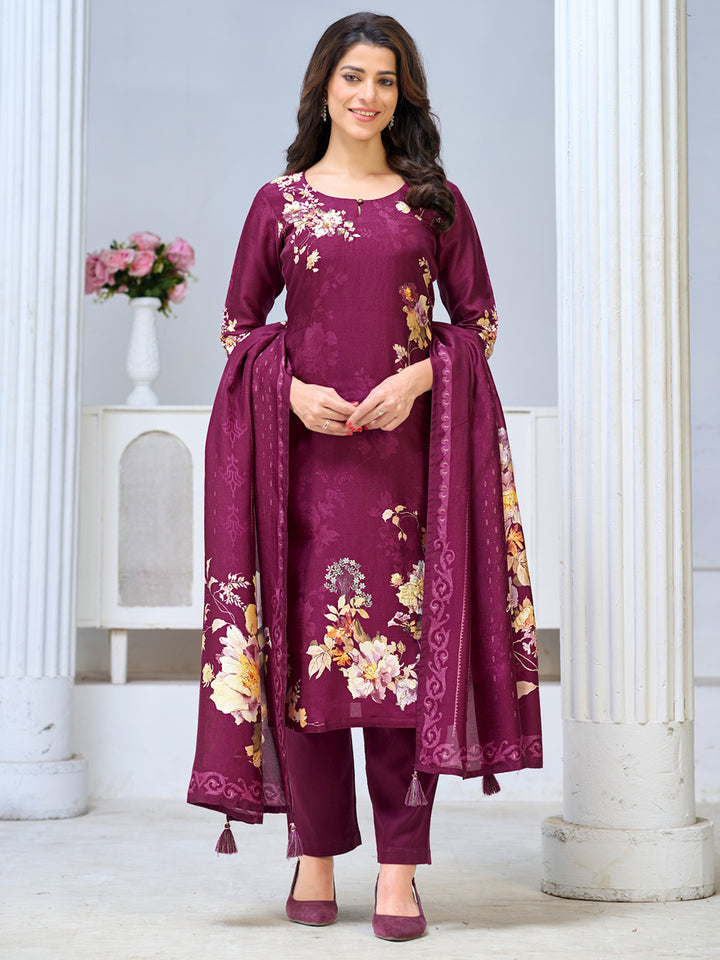 Purple Viscose Kurta Set with Digital Floral Print, Paired with Solid Bottom and Coordinated Dupatta