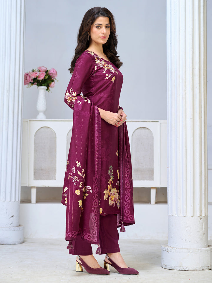 Purple Viscose Kurta Set with Digital Floral Print, Paired with Solid Bottom and Coordinated Dupatta