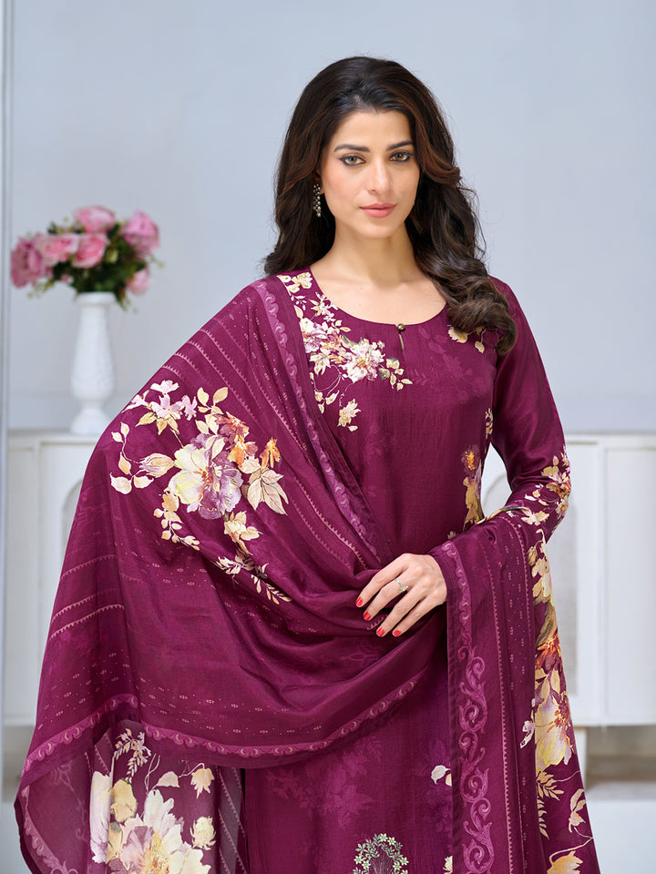 Purple Viscose Kurta Set with Digital Floral Print, Paired with Solid Bottom and Coordinated Dupatta