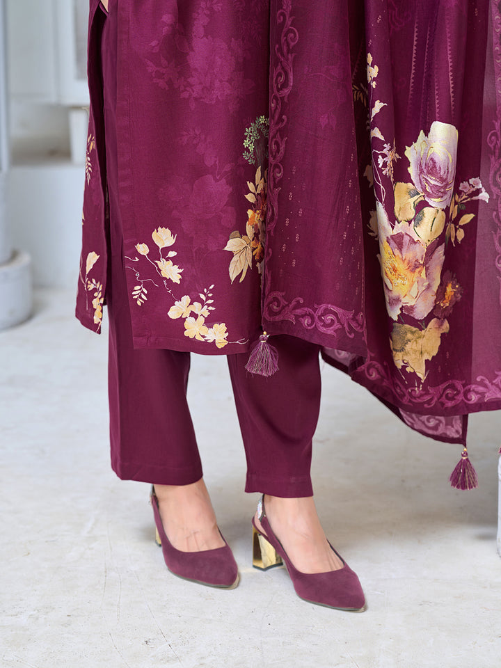 Purple Viscose Kurta Set with Digital Floral Print, Paired with Solid Bottom and Coordinated Dupatta