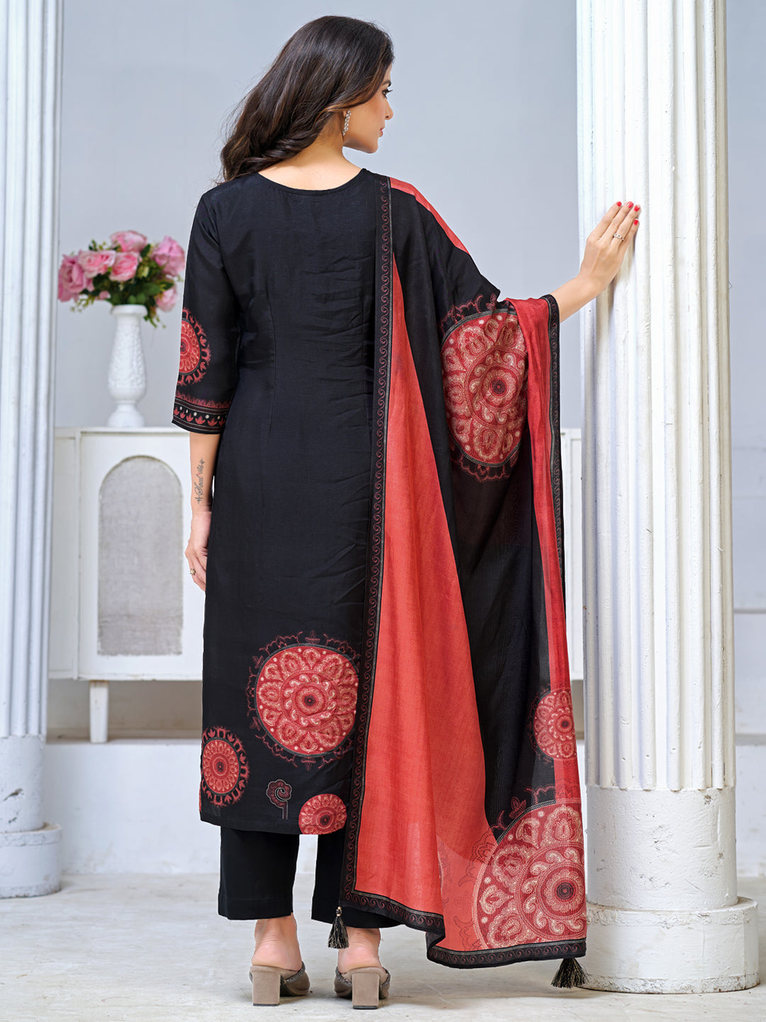 Black Viscose Kurta Set with Ethnic Printed Work, Paired with Cambric Cotton Bottom and a Contrasting Viscose Dupatta