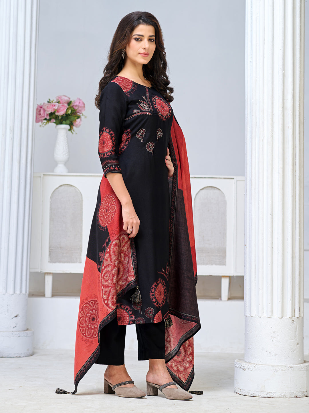 Black Viscose Kurta Set with Ethnic Printed Work, Paired with Cambric Cotton Bottom and a Contrasting Viscose Dupatta