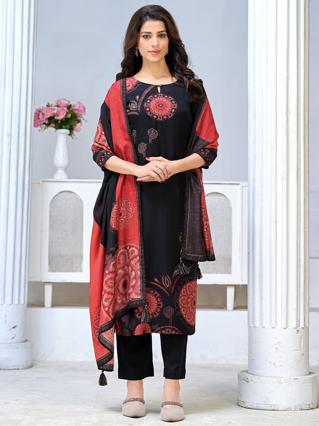 Black Viscose Kurta Set with Ethnic Printed Work, Paired with Cambric Cotton Bottom and a Contrasting Viscose Dupatta