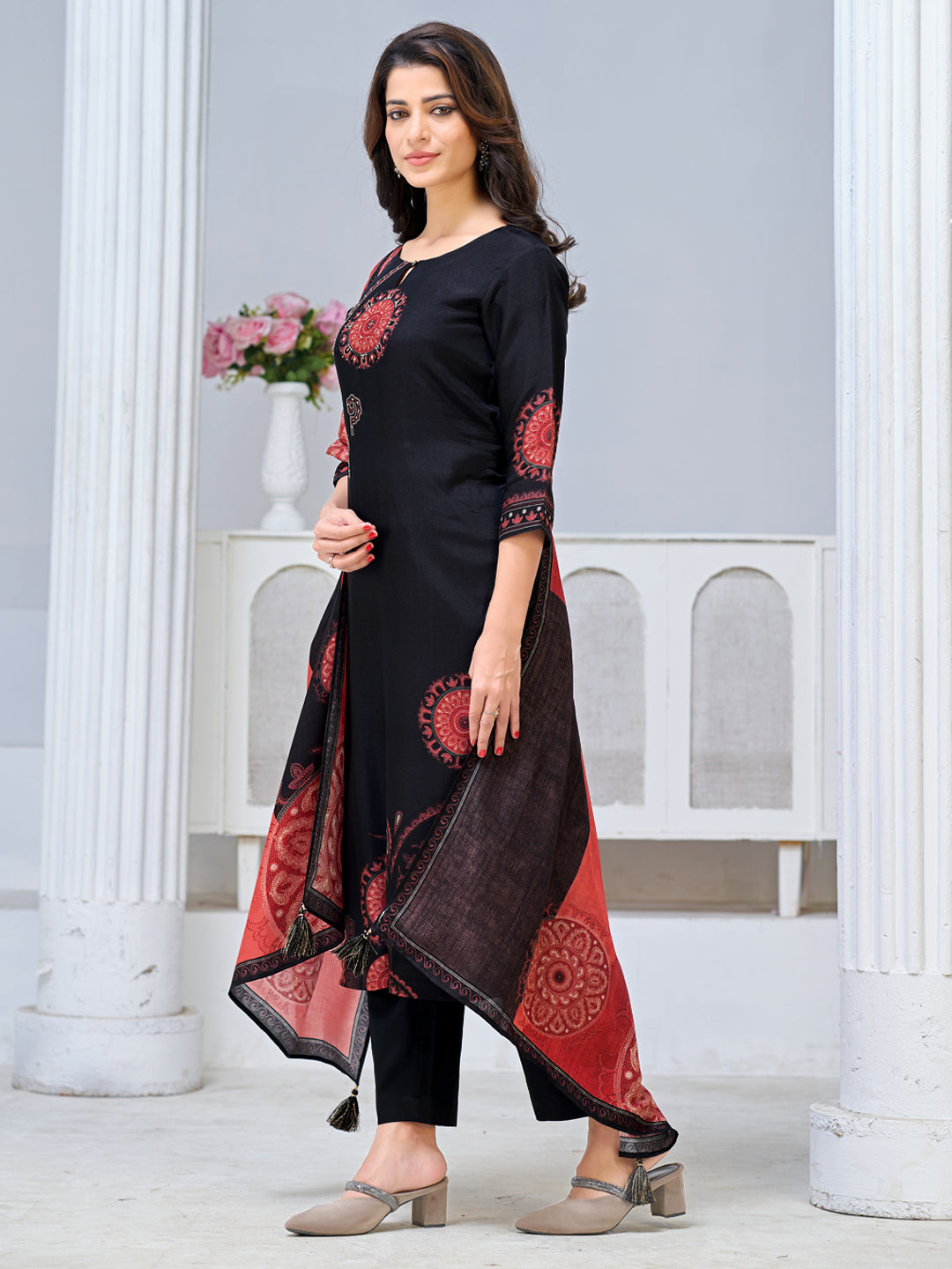 Black Viscose Kurta Set with Ethnic Printed Work, Paired with Cambric Cotton Bottom and a Contrasting Viscose Dupatta