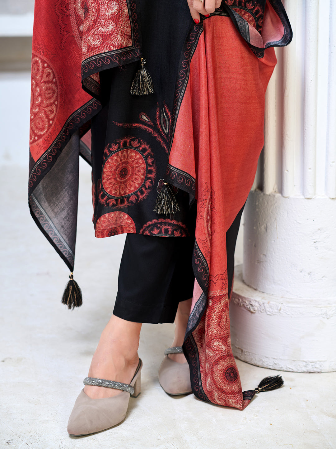Black Viscose Kurta Set with Ethnic Printed Work, Paired with Cambric Cotton Bottom and a Contrasting Viscose Dupatta