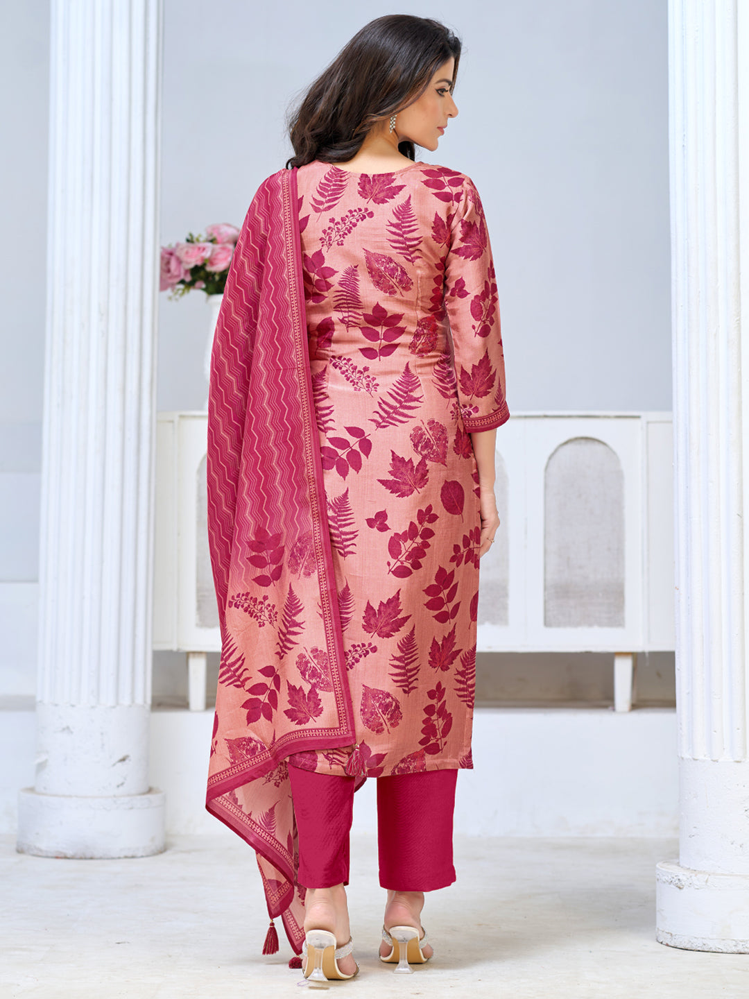 Blush Pink Viscose Kurta Set with All Over Printed Work, Paired with Cambric Cotton Bottom and a Matching Viscose Dupatta