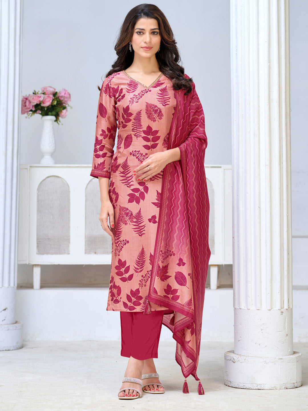 Blush Pink Viscose Kurta Set with All Over Printed Work, Paired with Cambric Cotton Bottom and a Matching Viscose Dupatta
