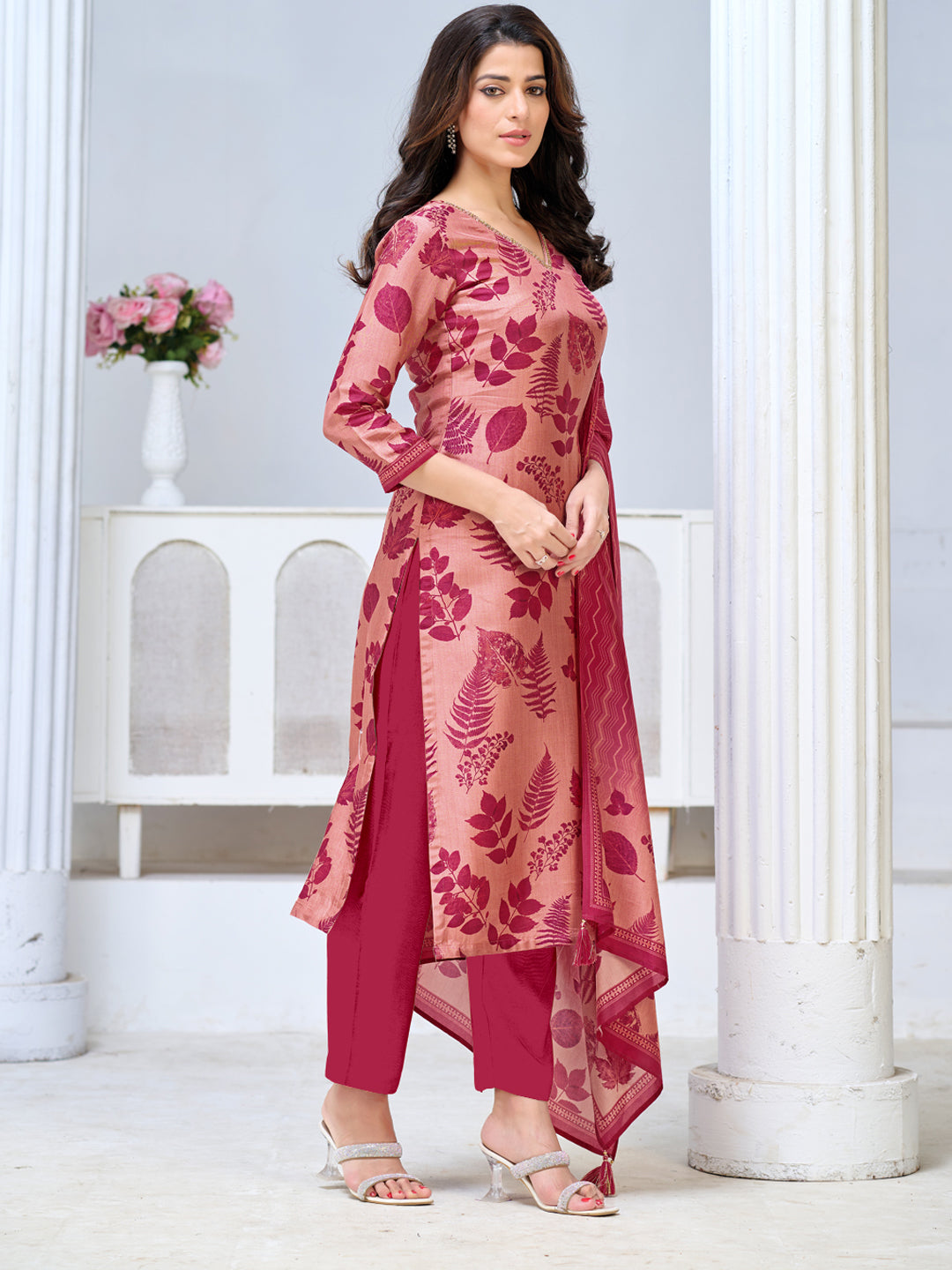 Blush Pink Viscose Kurta Set with All Over Printed Work, Paired with Cambric Cotton Bottom and a Matching Viscose Dupatta