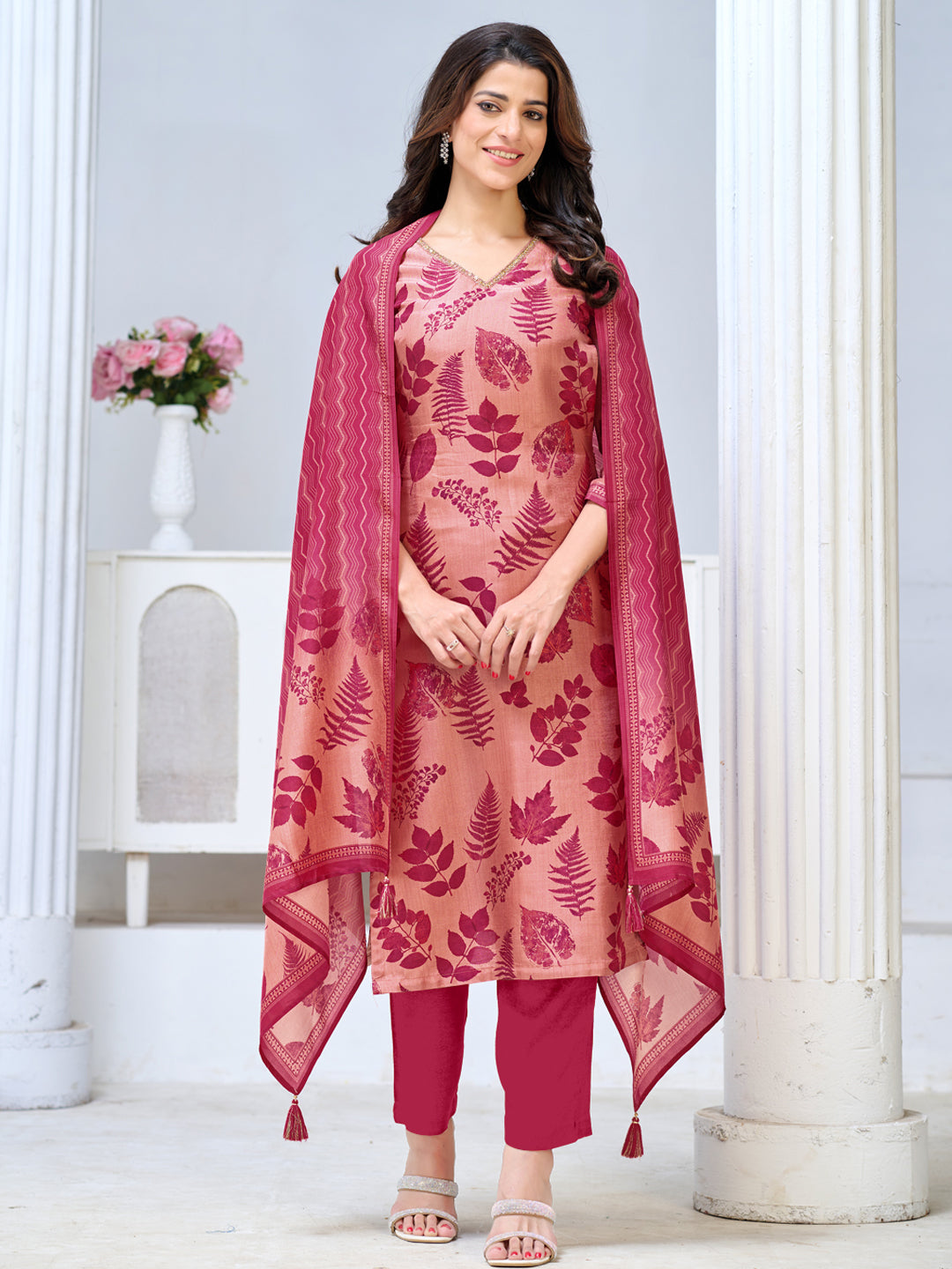 Blush Pink Viscose Kurta Set with All Over Printed Work, Paired with Cambric Cotton Bottom and a Matching Viscose Dupatta