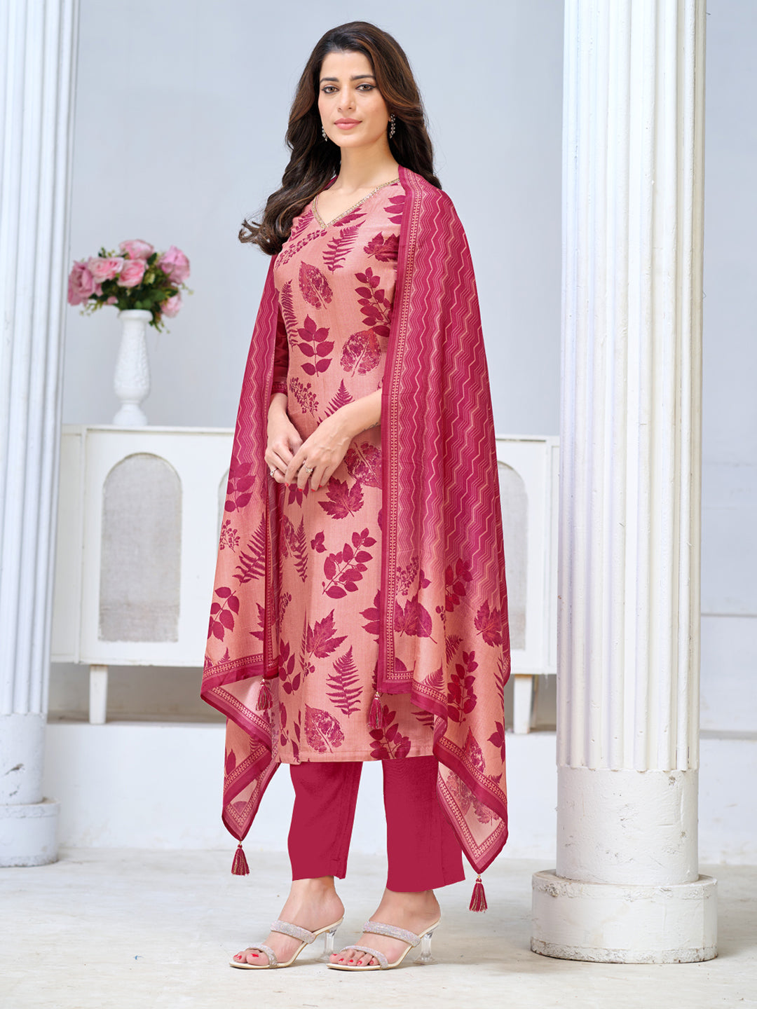 Blush Pink Viscose Kurta Set with All Over Printed Work, Paired with Cambric Cotton Bottom and a Matching Viscose Dupatta