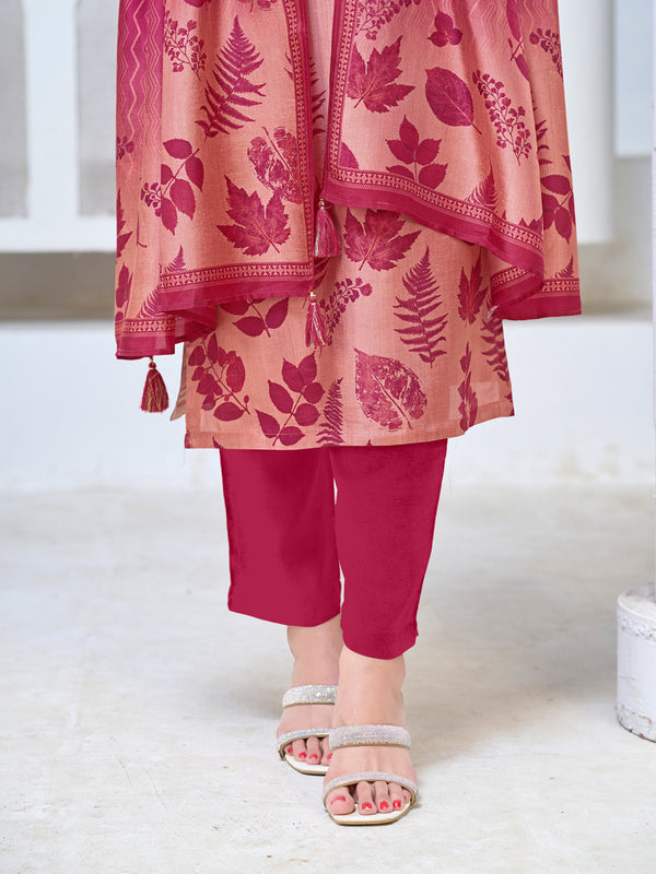 Blush Pink Viscose Kurta Set with All Over Printed Work, Paired with Cambric Cotton Bottom and a Matching Viscose Dupatta