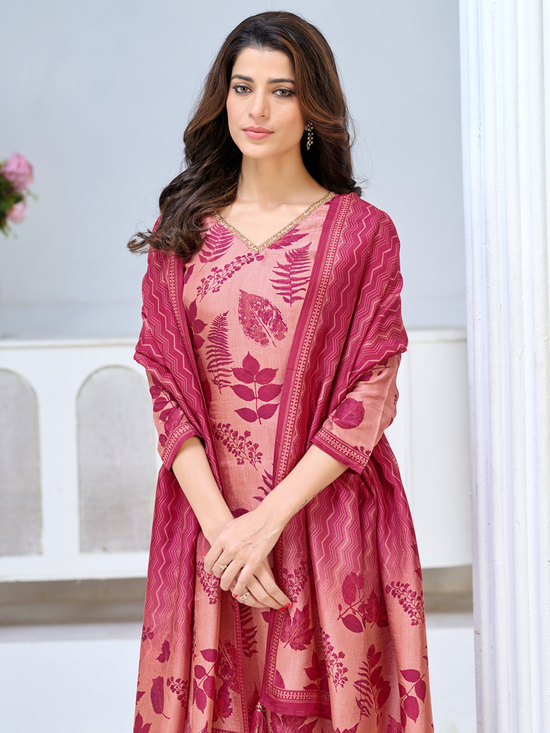 Blush Pink Viscose Kurta Set with All Over Printed Work, Paired with Cambric Cotton Bottom and a Matching Viscose Dupatta