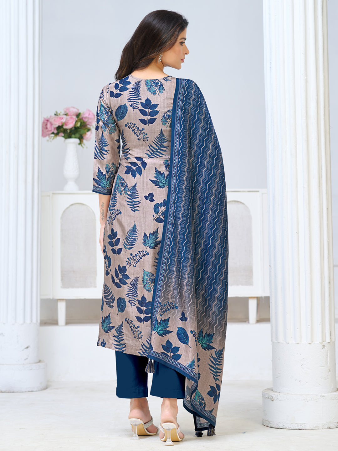 Beige Viscose Kurta Set with All Over Contrast Leaf Printed Work, Paired with Cambric Cotton Bottom and a Matching Viscose Dupatta
