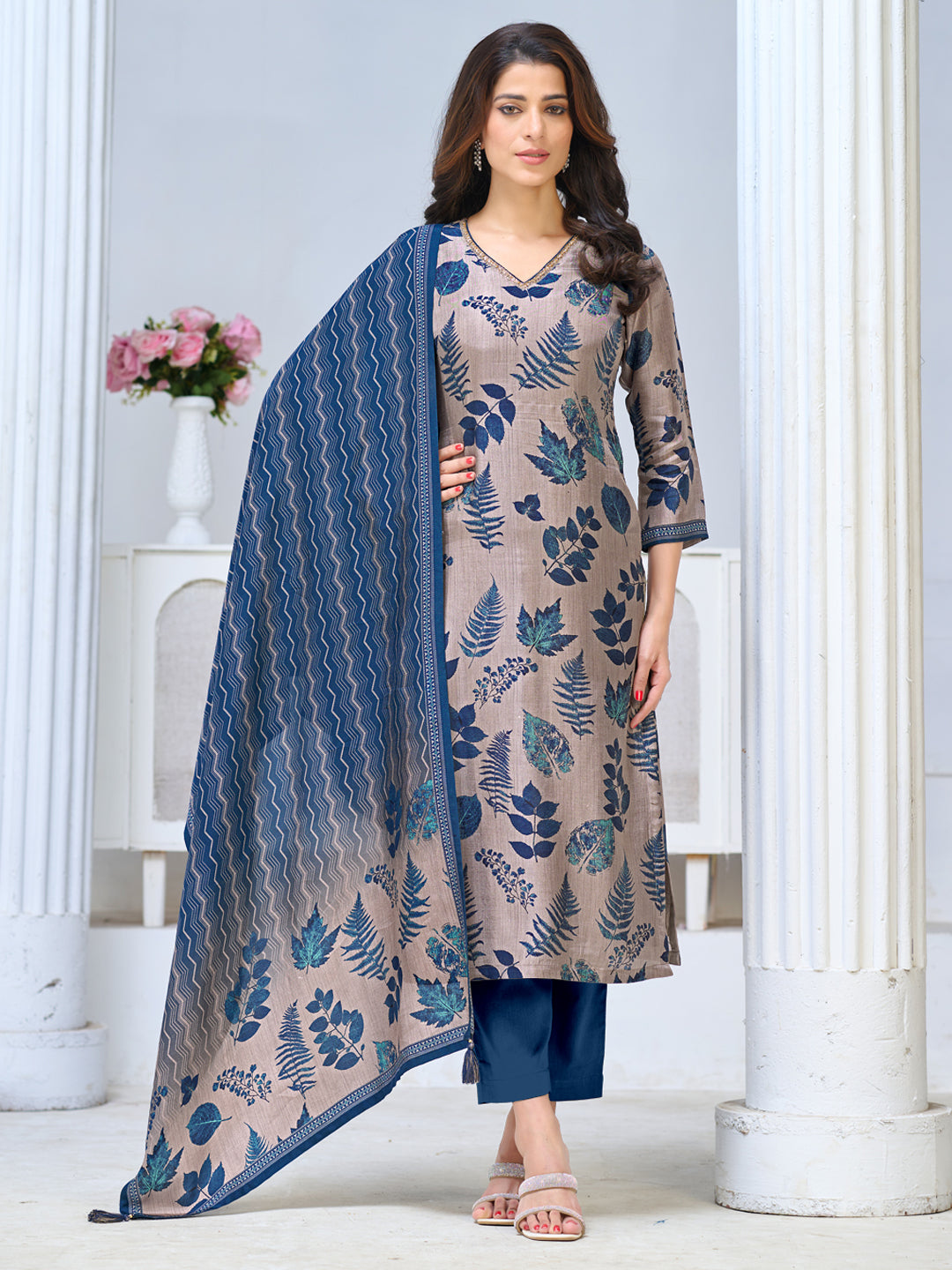 Beige Viscose Kurta Set with All Over Contrast Leaf Printed Work, Paired with Cambric Cotton Bottom and a Matching Viscose Dupatta