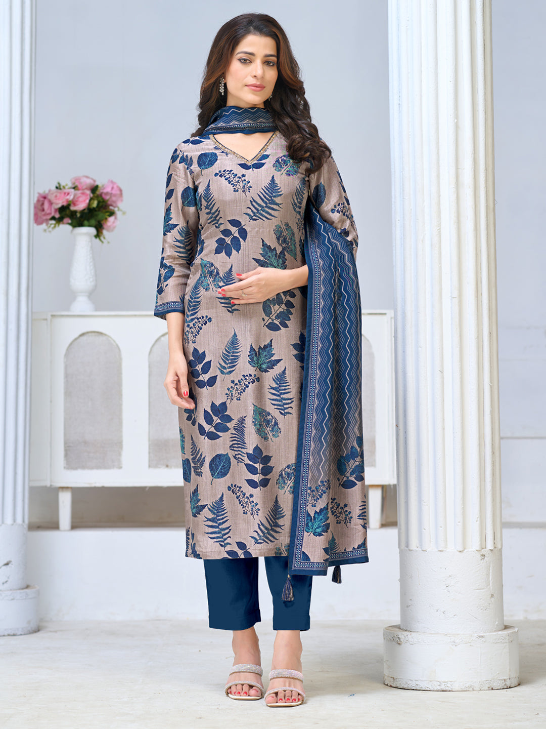 Beige Viscose Kurta Set with All Over Contrast Leaf Printed Work, Paired with Cambric Cotton Bottom and a Matching Viscose Dupatta