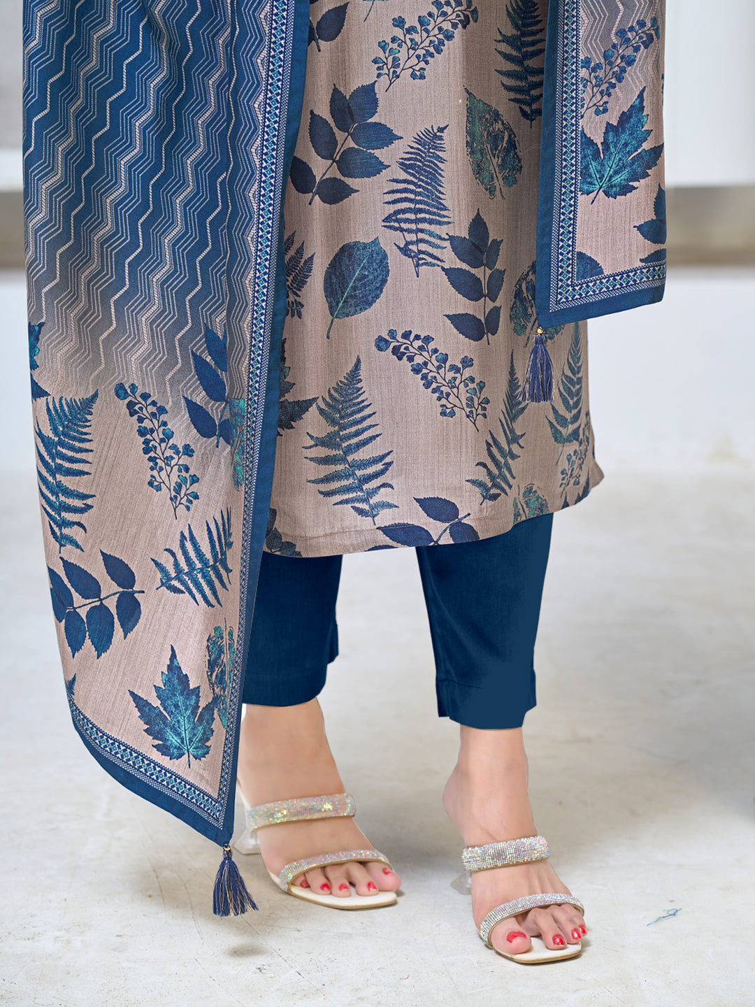 Beige Viscose Kurta Set with All Over Contrast Leaf Printed Work, Paired with Cambric Cotton Bottom and a Matching Viscose Dupatta