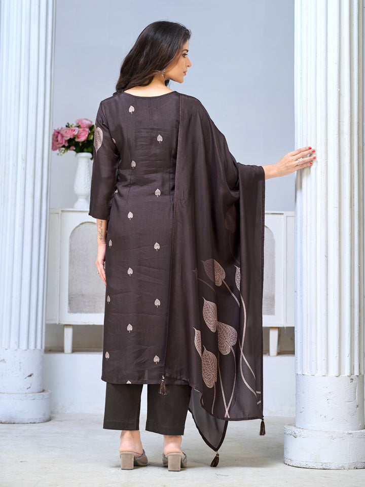 Chocolate Brown Viscose Kurta Set with Leaf Motif Print, Paired with Solid Bottom and Leaf Motif Printed Dupatta