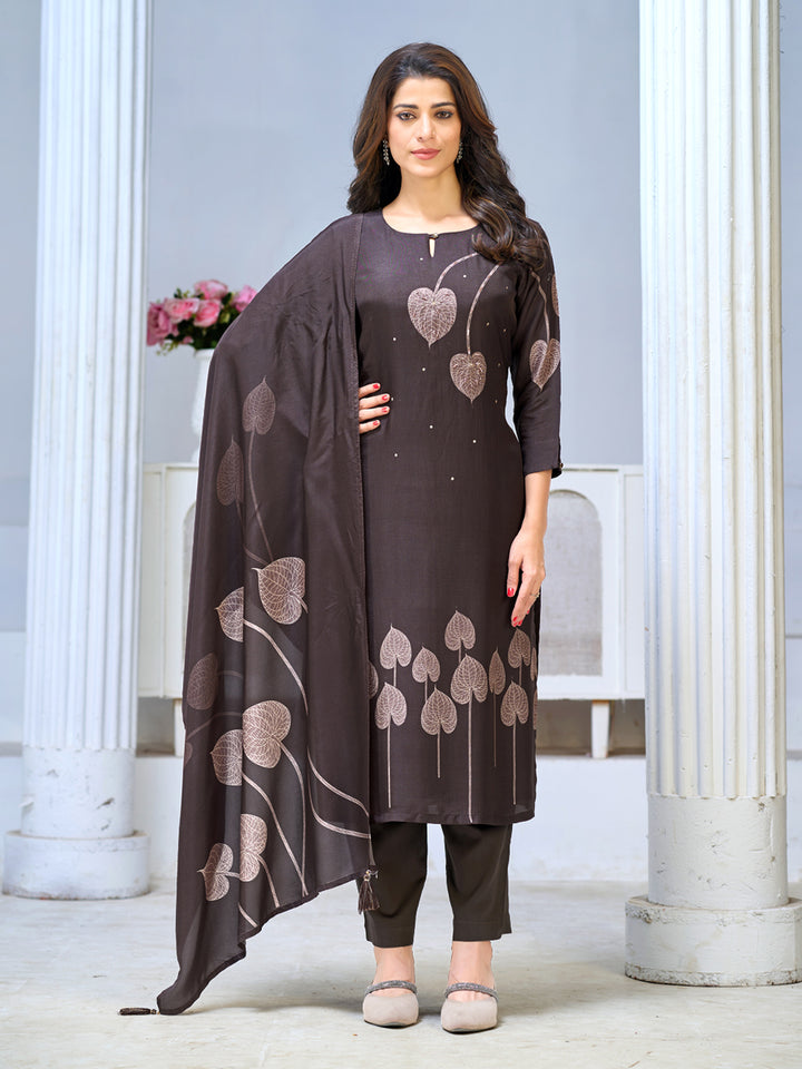 Chocolate Brown Viscose Kurta Set with Leaf Motif Print, Paired with Solid Bottom and Leaf Motif Printed Dupatta