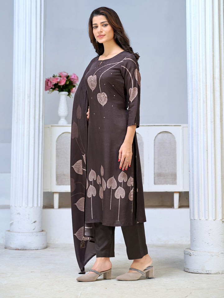 Chocolate Brown Viscose Kurta Set with Leaf Motif Print, Paired with Solid Bottom and Leaf Motif Printed Dupatta