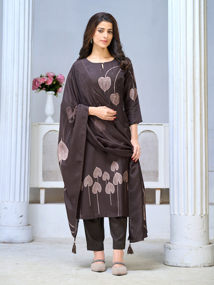 Chocolate Brown Viscose Kurta Set with Leaf Motif Print, Paired with Solid Bottom and Leaf Motif Printed Dupatta