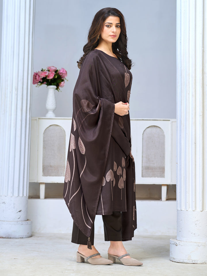 Chocolate Brown Viscose Kurta Set with Leaf Motif Print, Paired with Solid Bottom and Leaf Motif Printed Dupatta