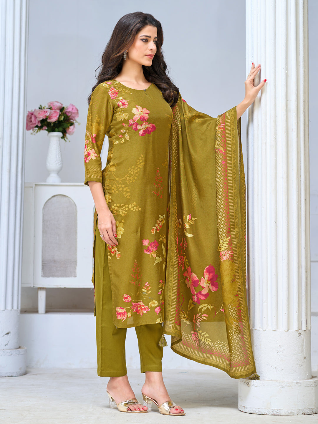 Olive Green Viscose Kurta Set with Elegant Floral Printed Work, Paired with Cambric Cotton Bottom and a Matching Viscose Dupatta