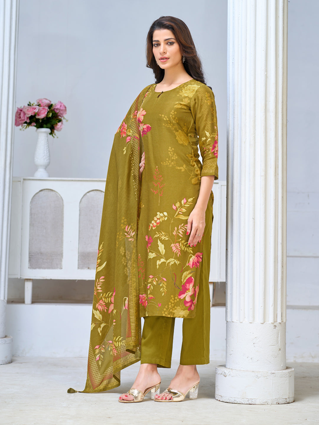 Olive Green Viscose Kurta Set with Elegant Floral Printed Work, Paired with Cambric Cotton Bottom and a Matching Viscose Dupatta