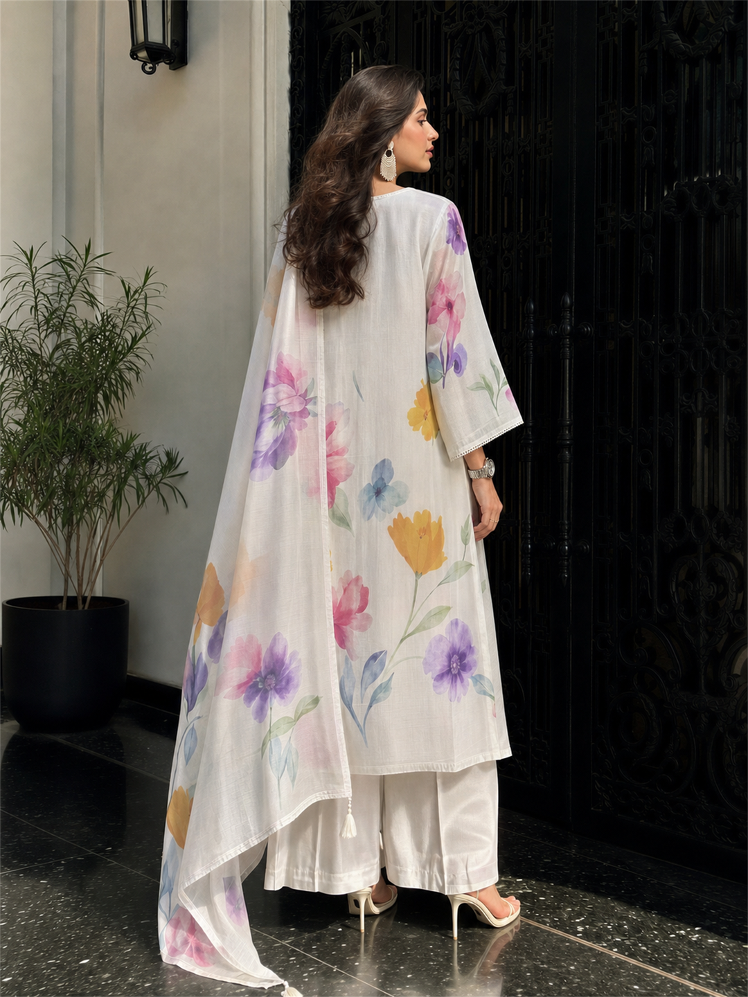 Women's Cream Linen Kurta with Trouser and Dupatta