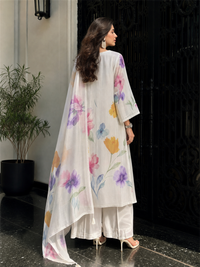 Women's Cream Linen Embellished Kurta with Trouser and Dupatta