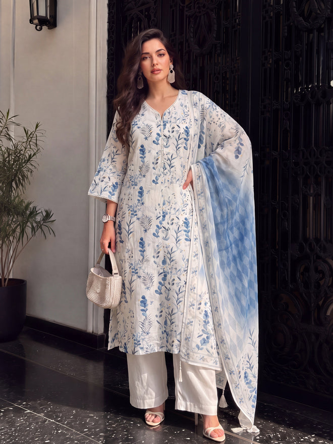 Women's Off white Linen Embellished Kurta with Trouser and Dupatta