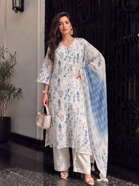 Women's Off white Linen Embellished Kurta with Trouser and Dupatta