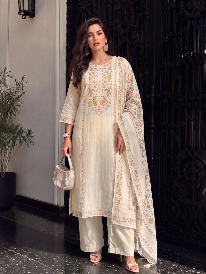 Women's Light Ivory Linen Embellished Kurta with Trouser and Dupatta