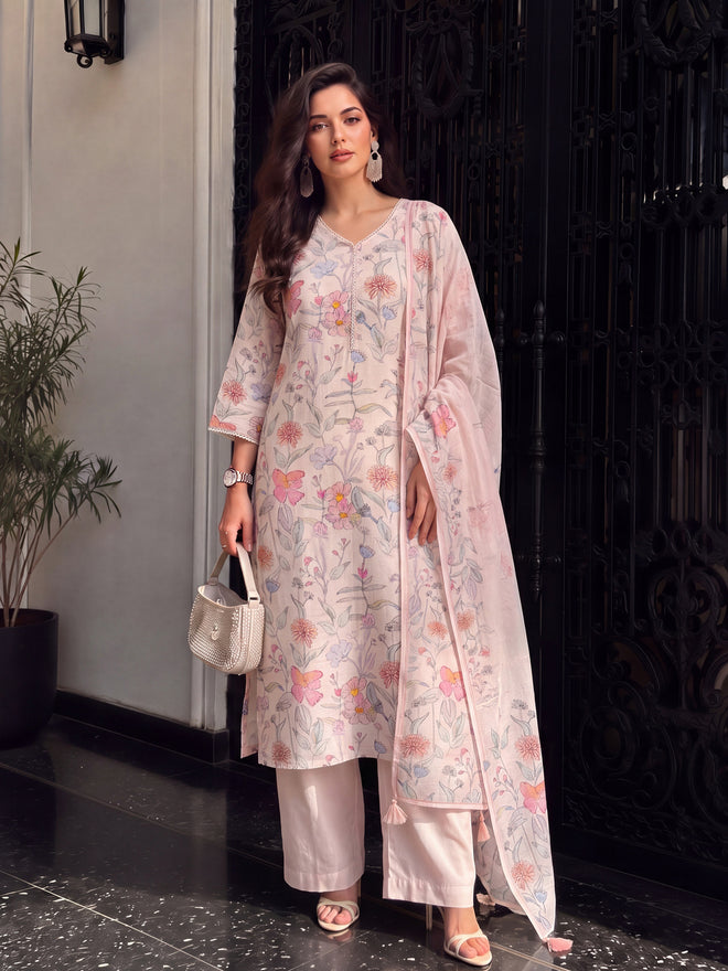 Women's Taupe Linen Embellished Kurta with Trouser and Dupatta
