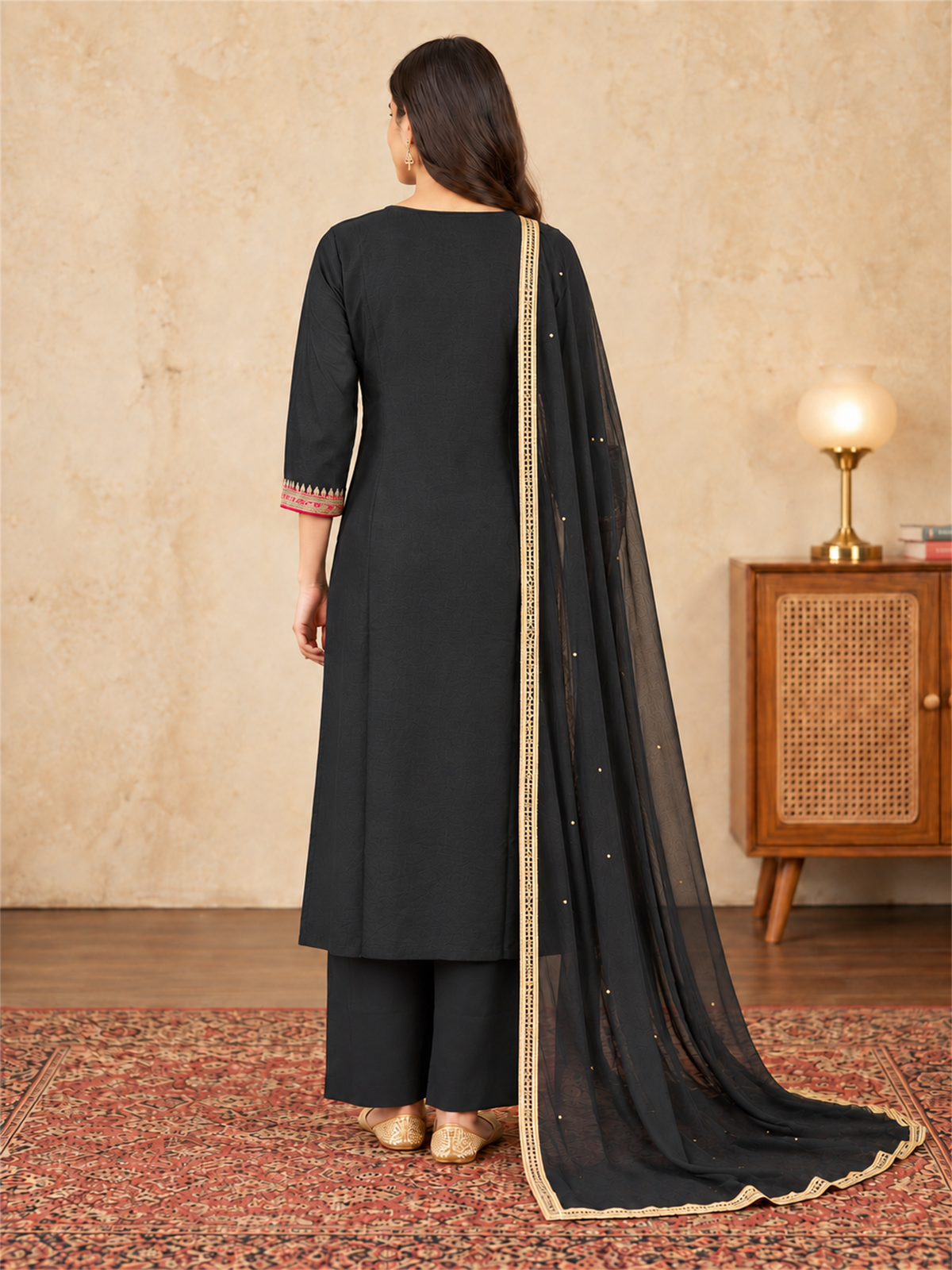 Black & Gold Floral Silk Blend Suit Set with Dupatta