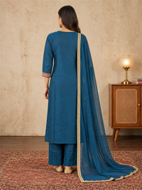 Teal Blue Floral Embroidered Silk Blend Kurta Set with Dupatta