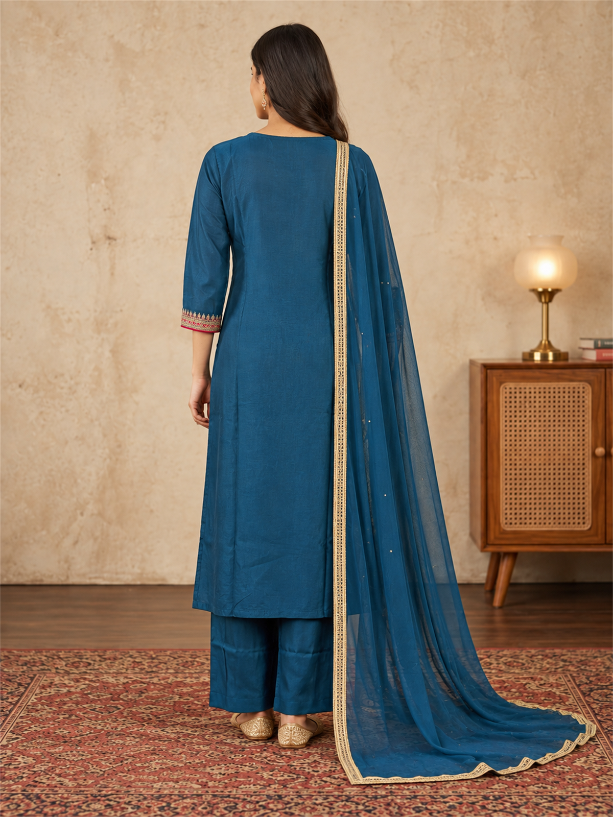 Teal Blue Floral Embroidered Silk Blend Kurta Set with Dupatta