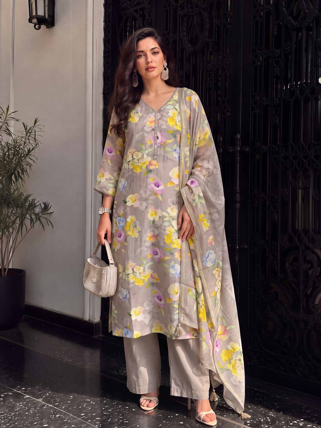 Women's Light Peach Linen Embellished Kurta with Trouser and Dupatta