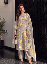 Women's Light Peach Linen Embellished Kurta with Trouser and Dupatta