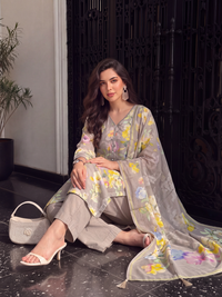 Women's Light Peach Linen Embellished Kurta with Trouser and Dupatta