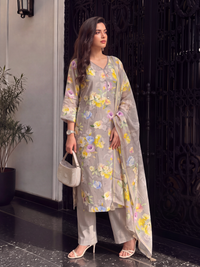 Women's Light Peach Linen Embellished Kurta with Trouser and Dupatta