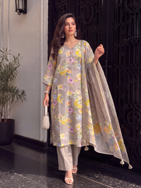 Women's Light Peach Linen Embellished Kurta with Trouser and Dupatta