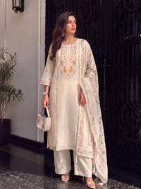 Women's Light Ivory Linen Embellished Kurta with Trouser and Dupatta