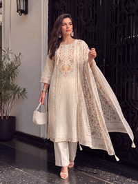 Women's Light Ivory Linen Embellished Kurta with Trouser and Dupatta