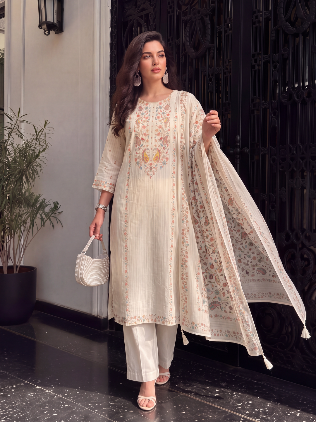 Women's Light Ivory Linen Kurta with Trouser and Dupatta