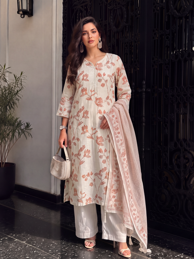 Women's Cream Linen Embellished Kurta with Trouser and Dupatta